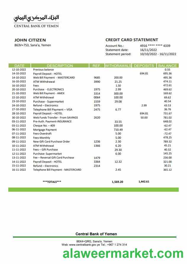 Yemen Central Bank of Yemen bank statement